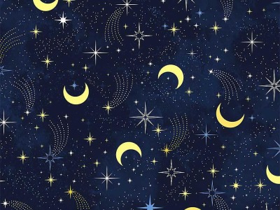 0,25m Baumwolle Timeless Treasures Moons and Shooting Stars Sterne Mond, dark navy gelb