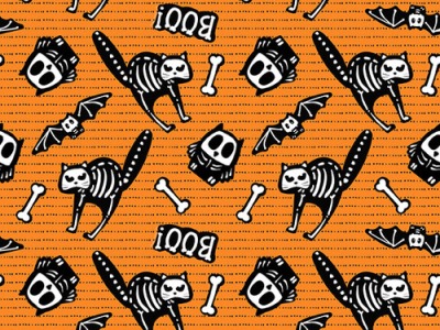 1m Baumwolle Halloween Boo Katze Skelett Glow in the dark nachtleuchtend, orange schwarz weiß -