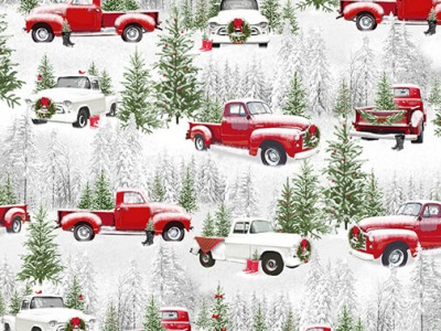 0,25m Baumwolle Traditional Christmas Weihnachten Vintage Pick Up Truck , weiß rot grün -