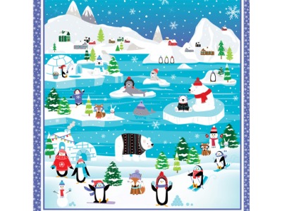 1 Panel Baumwolle Snow Place like Home Winter Eisbär Pinguin, türkis bunt