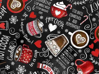 0,25m Baumwolle Timeless Treasures Holiday Hot Choclate and Winterdrinks, schwarz rot - Feeling