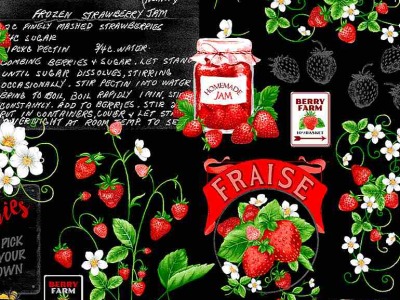 0,25m Baumwolle Timeless Treasures Strawberry Fields Schrift Gail Erdbeeren, schwarz rot grün