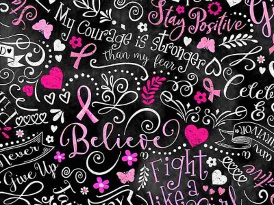 0,25m Baumwolle Timeless Treasures Pink Ribbon Breast Cancer Schrift Brustkrebs Gail, schwarz weiß