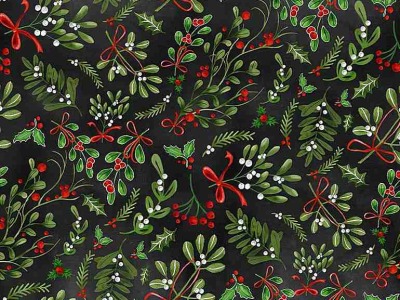 0,25m Baumwolle Timeless Treasures Holiday Mistletoe Mistelzweig, schwarz grün