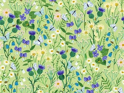 0,25m Baumwolle Springtime Frühling Blumen Wiese, Hellgrün bunt - Springtime by Rebecca Jones for