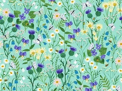 0,25m Baumwolle Springtime Frühling Blumen Wiese, Türkis bunt - Springtime by Rebecca Jones for