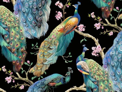 Flourish Elegant Peacock on Branches, Pfau, schwarz - Flourish by Timeless Treasure Fabrics