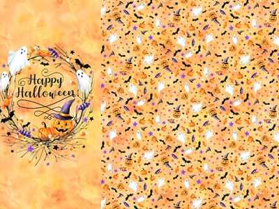 1 Panel October Happy Halloween, gelb orange lila - Celebrate the Seasons by Hoffman Fabrics