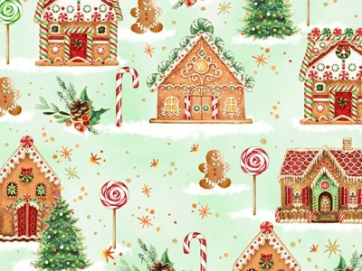 0,25m Baumwolle Holiday Sweets Lebkuchenhaus, mint gold - weitere Stoffe der Serie im Shop