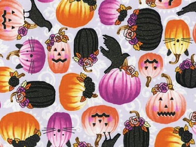 0,25m Baumwolle Wishwell Totally Twilight Halloween Kürbis mit schwarzen Glitzer Spooky, flieder