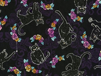 0,25m Baumwolle Wishwell Totally Twilight Halloween Cat and Flower Katze mit schwarzen Glitzer