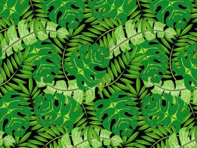 0,25m Baumwolle Wilmington Tropical Flair Palmenblätter, schwarz grün