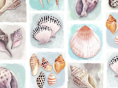 0,25m Baumwolle Seashell Wishes Shell Tiles Muscheln , weiß bunt türkis - Seashell Wishes by Diane