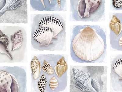 0,25m Baumwolle Seashell Wishes Shell Tiles Muscheln , blau grau weiß - Seashell Wishes by Diane