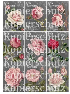 Bügelbild Rose Garden Motivbogen A4 mit 9 Bügelbildern Grau Rosa - A4 Motivbogen DIY Shabby