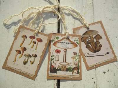 3 Geschenanhänger/Tags , Mushrooms ,Pilze , Vintage / Shabby Herbst Karten-Bild auf