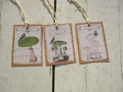 3 Geschenanhänger/Tags , Mushrooms ,Pilze , - Vintage / Shabby Herbst Karten-Bild auf