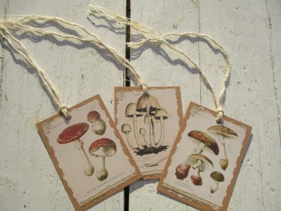 3 Geschenkanhänger/Tags , Mushrooms ,Pilze , Vintage - Shabby Herbst Karten-Bild auf