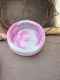 Häkel-Korb flach aus Textilgarn Rosa Mint Farbverlauf , Zero Waste - Brötchenkorb,