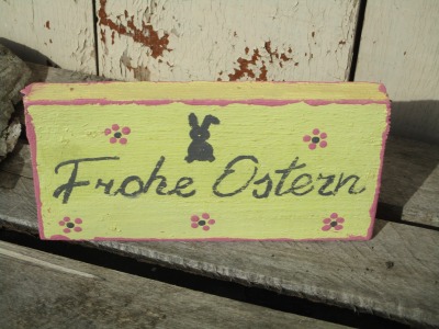 FROHE OSTERN Shabby Schild aus Altholz in Gelb-Rosa ,Handbeschriftet , Türschild - Osterdekoration