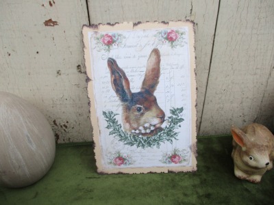 Dekokarte , Vintage Hase , Oster-Dekoration - Shabby Osterkarte aus Kartona - Grußkarte , Hasenbild