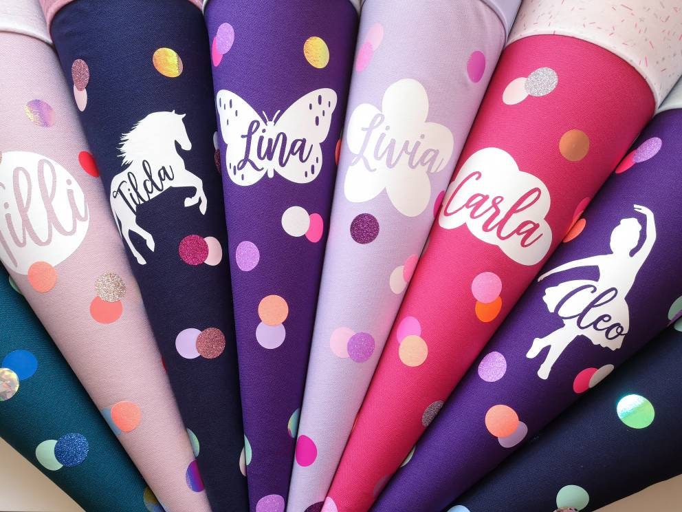 Flieder, Neon und Rosa Konfetti Schultüte mit Name personalisiert für Mädchen 5