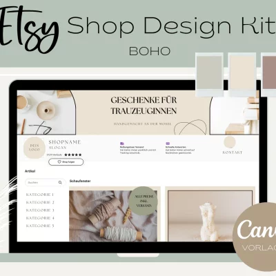 Etsy Shop Design Kit für Canva - Vorlagen für Artikelbilder, Shop Banner und Icons - Boho Design -