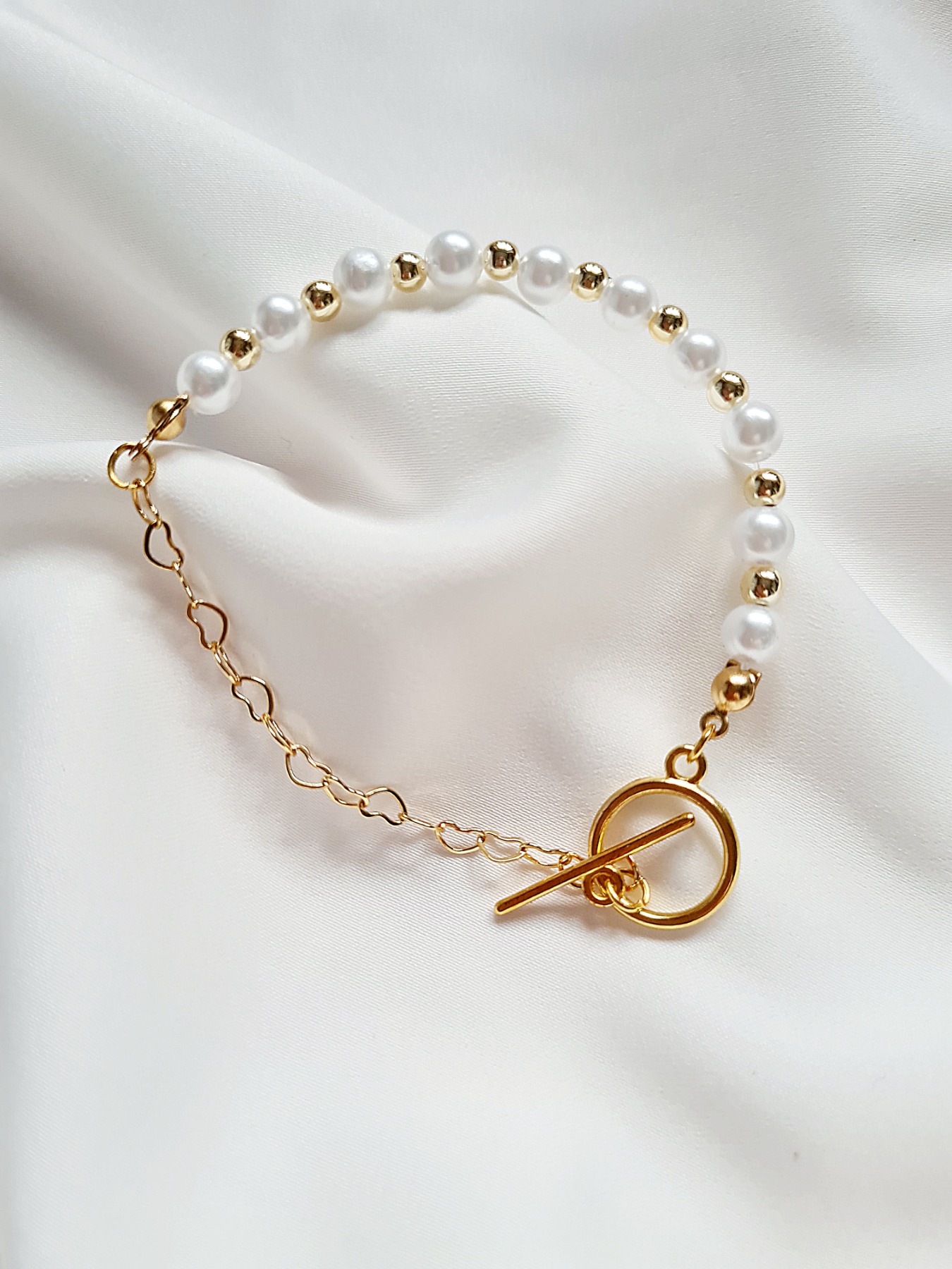 Vergoldetes Armband Glaswachsperlen Herzchengliederkette Damen Schmuck 8