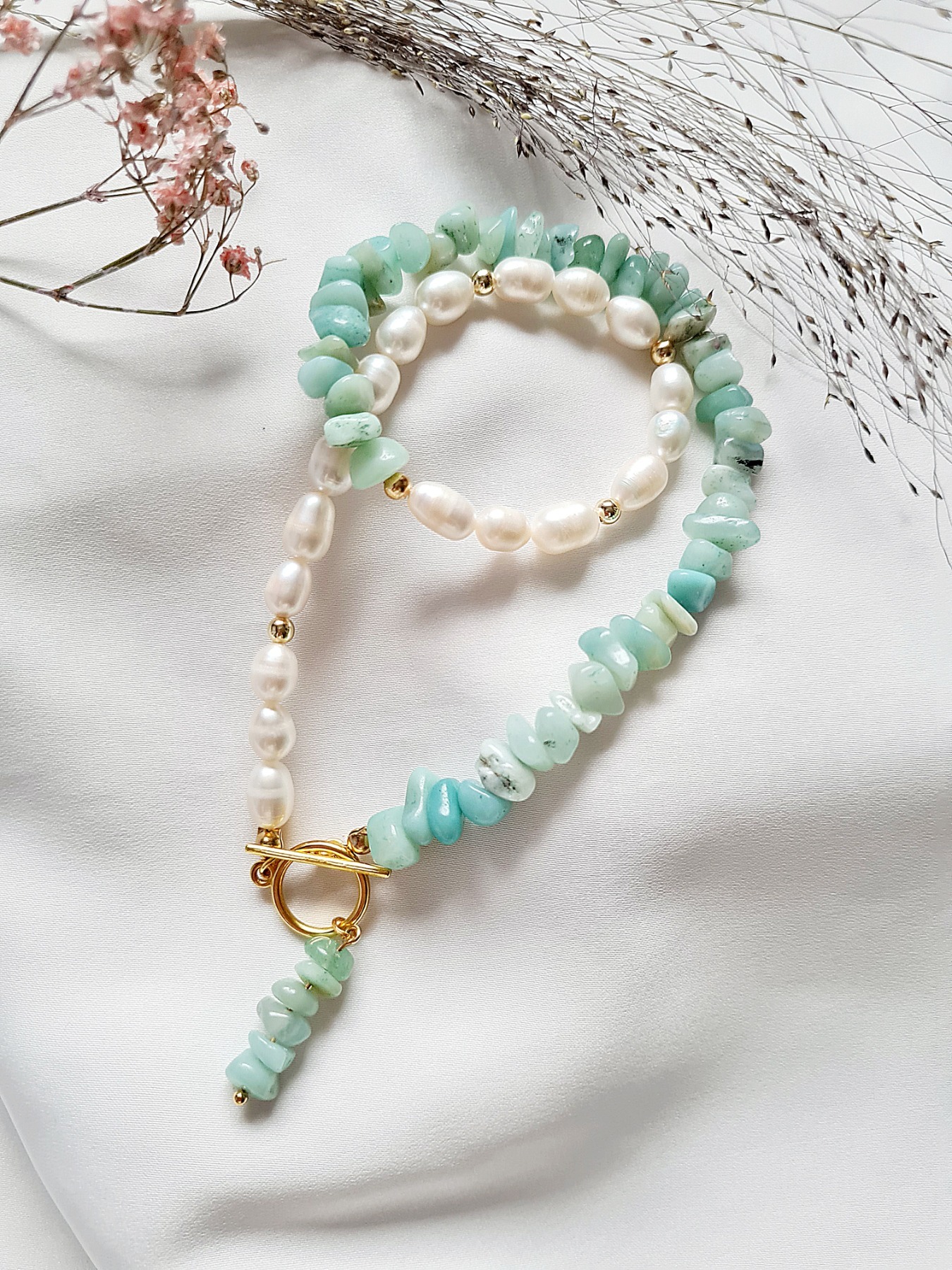 Halskette mit Süßwasser-Zucht-Perlen Aquamarinsplitter 3