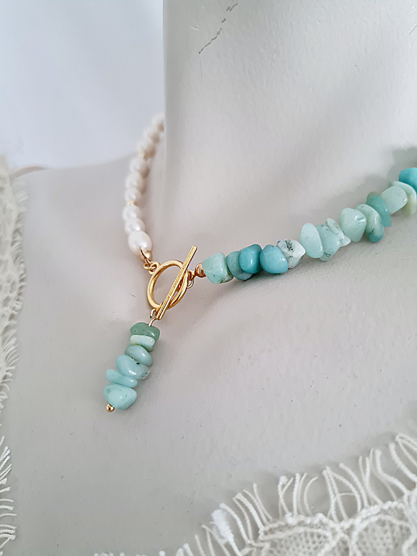 Halskette mit Süßwasser-Zucht-Perlen Aquamarinsplitter 6