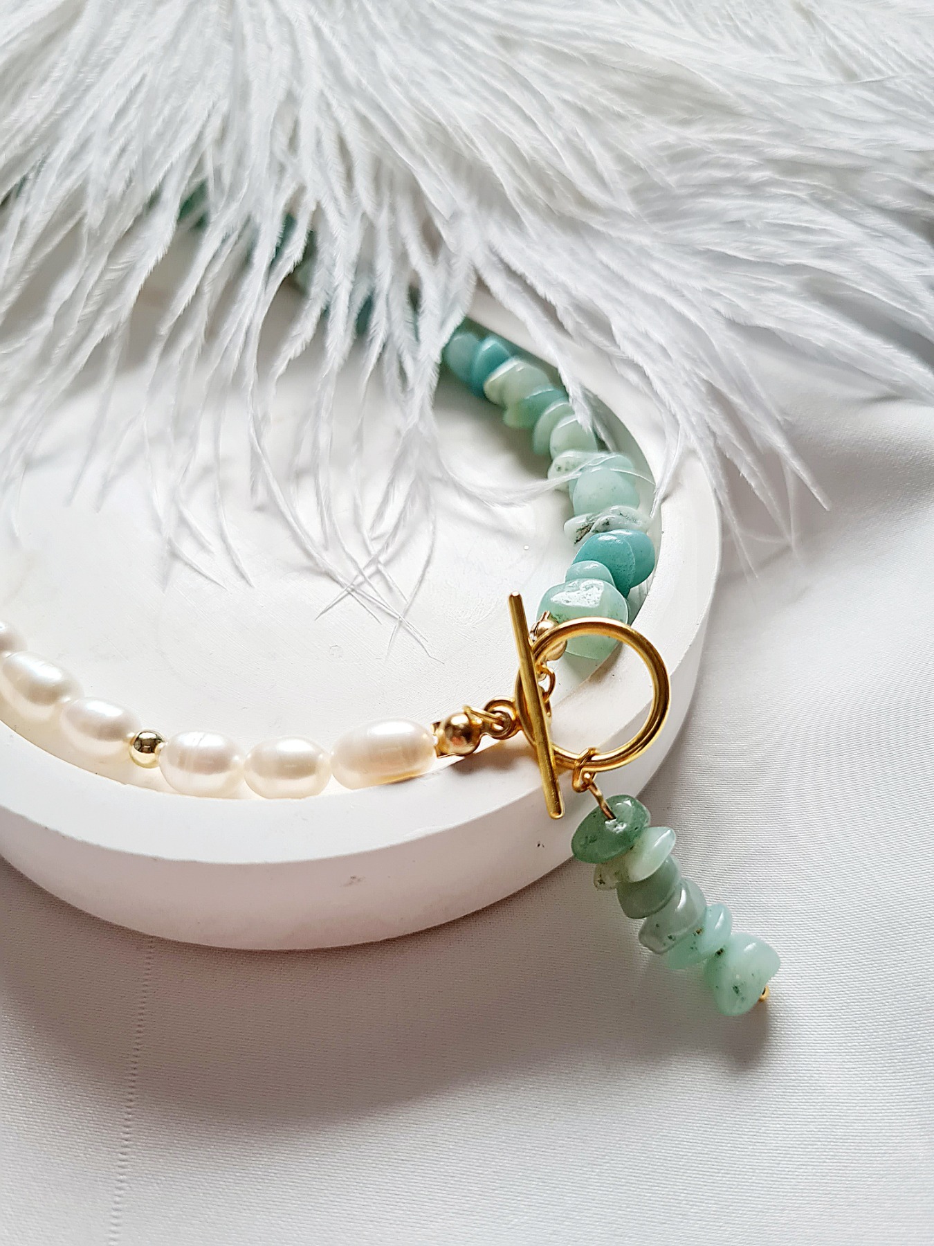 Halskette mit Süßwasser-Zucht-Perlen Aquamarinsplitter 9