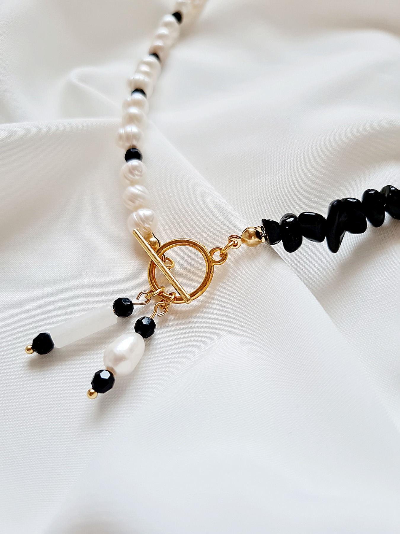 Halskette aus Süßwasser-Zuchtperlen Onyxsplitter edel hochwertige Materialien 7