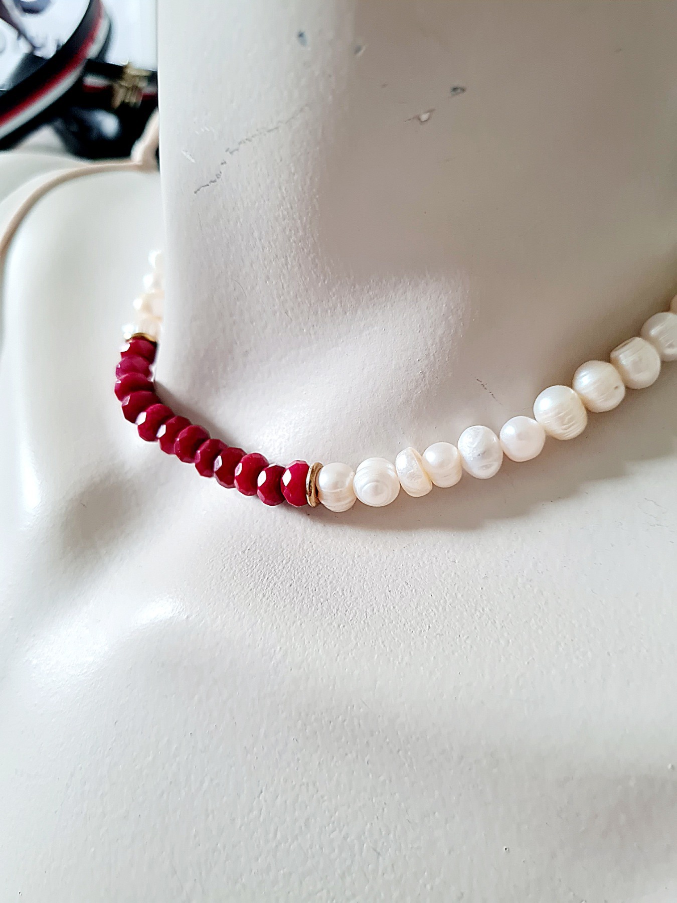 Halskette Süßwasser-Zucht-Perlen Jadeperlen handgefertigt natürliche Eleganz 3