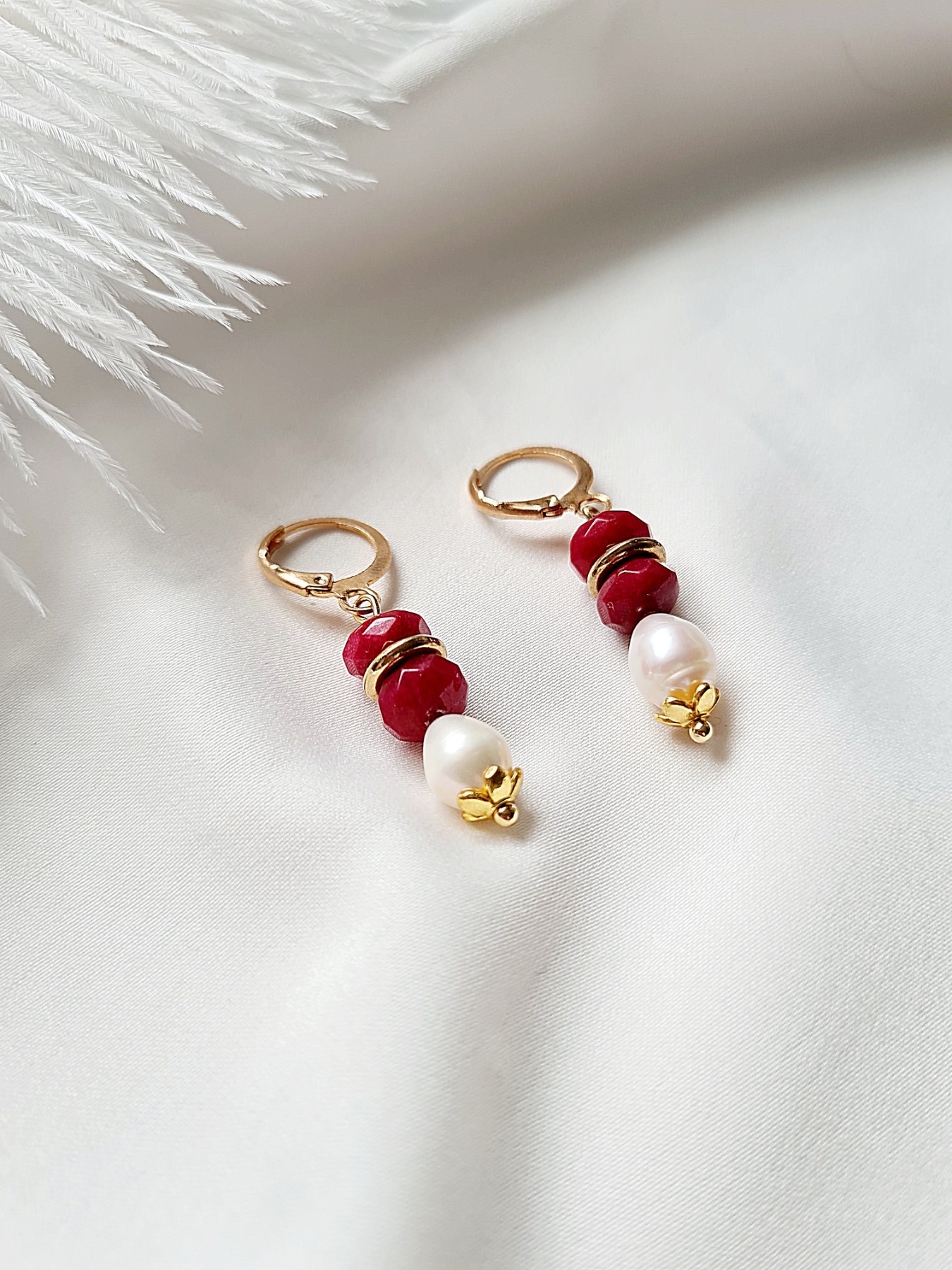 Ohrringe Süßwasser-Zucht-Perlen Jadeperlen rot elegant 4