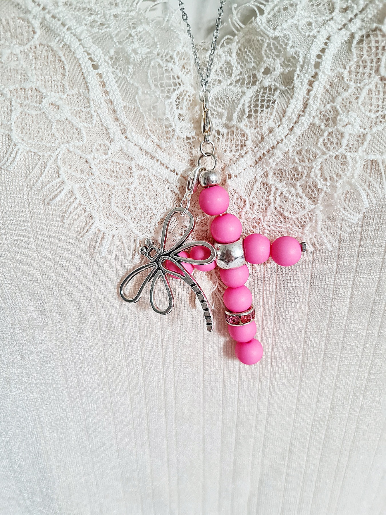 Halskette Gliederkette Kreuz-Anhänger Libellen-Anhänger pink 5