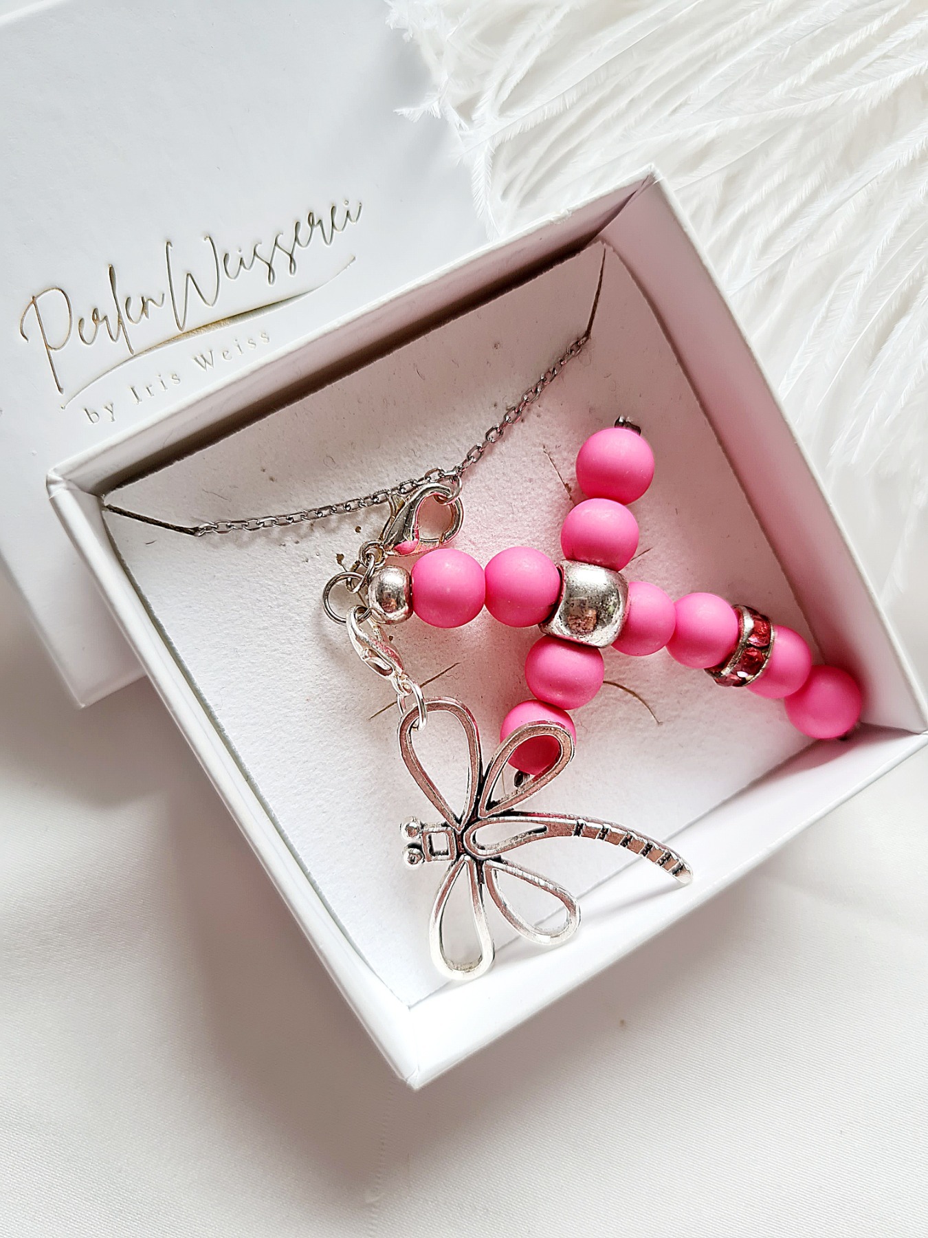 Halskette Gliederkette Kreuz-Anhänger Libellen-Anhänger pink 6