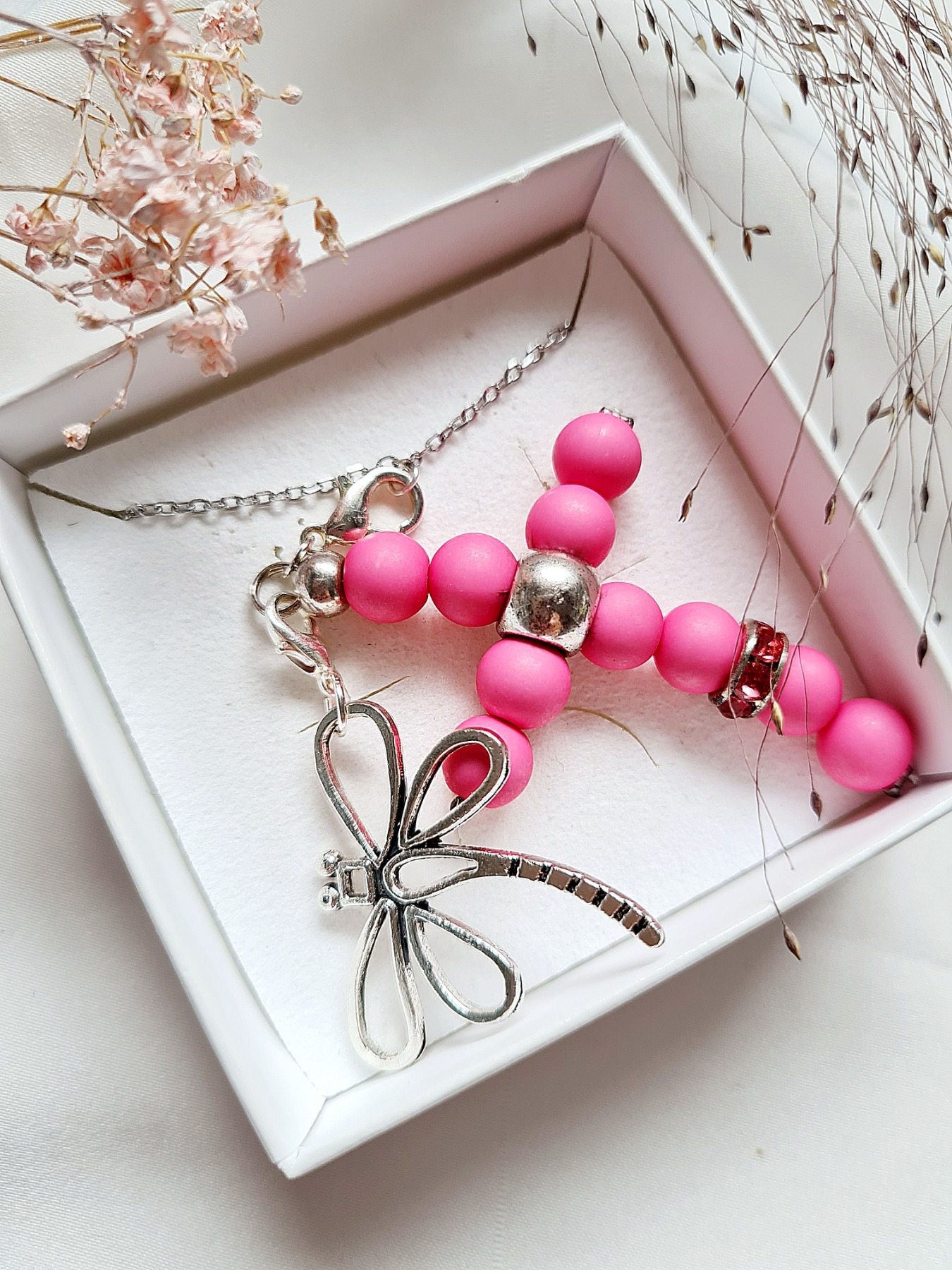 Halskette Gliederkette Kreuz-Anhänger Libellen-Anhänger pink 7