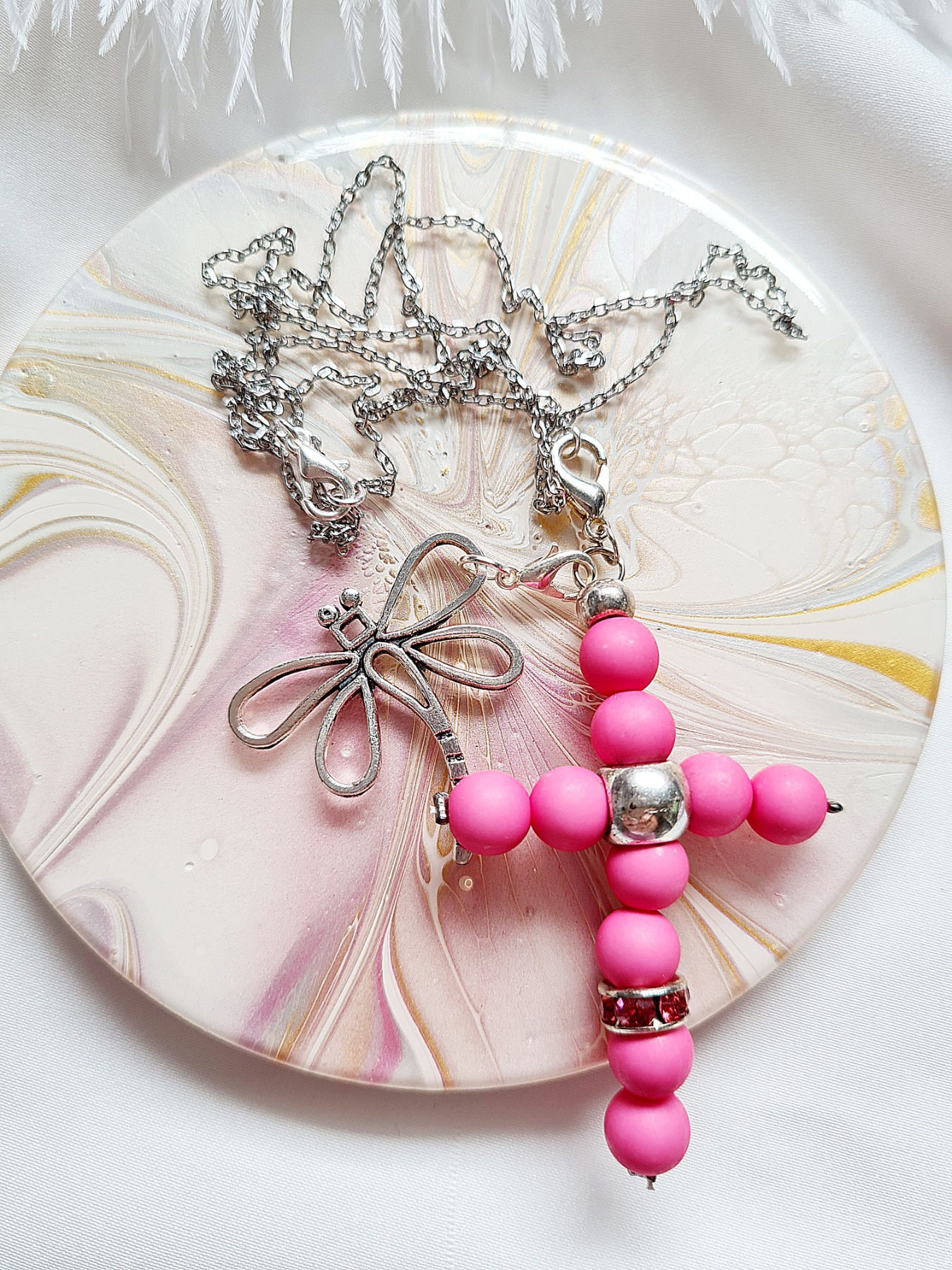 Halskette Gliederkette Kreuz-Anhänger Libellen-Anhänger pink 8