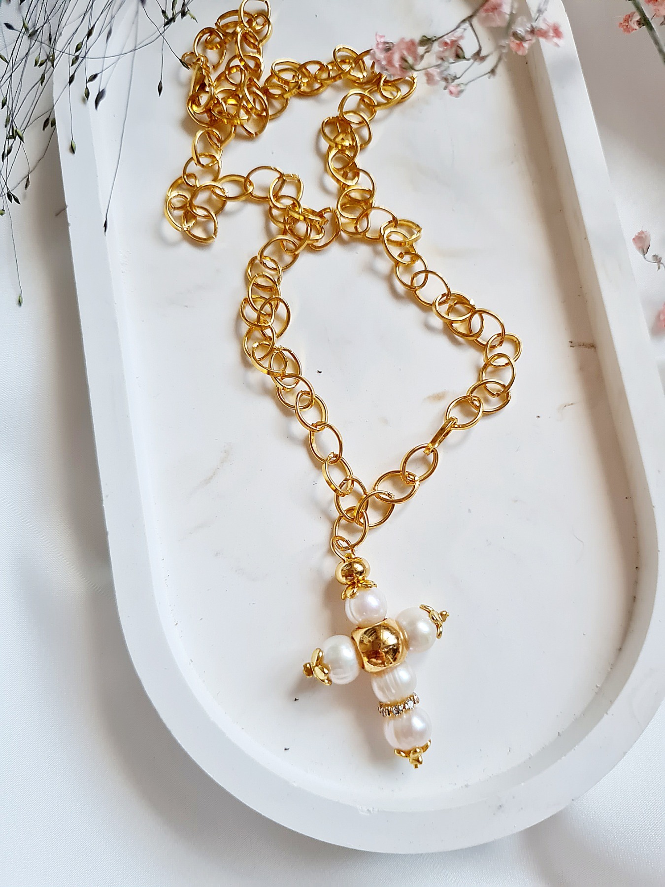 Vergoldete Halskette Edelstahl Kreuz Perlen Halskette 3