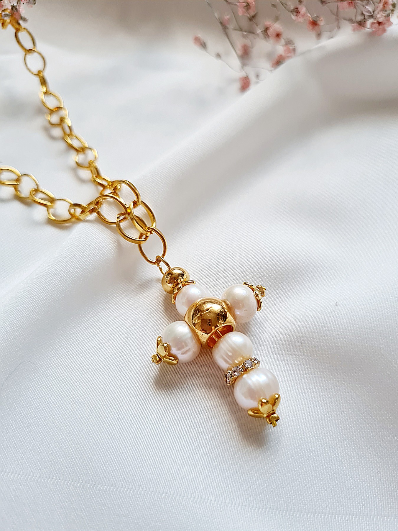 Vergoldete Halskette Edelstahl Kreuz Perlen Halskette 9