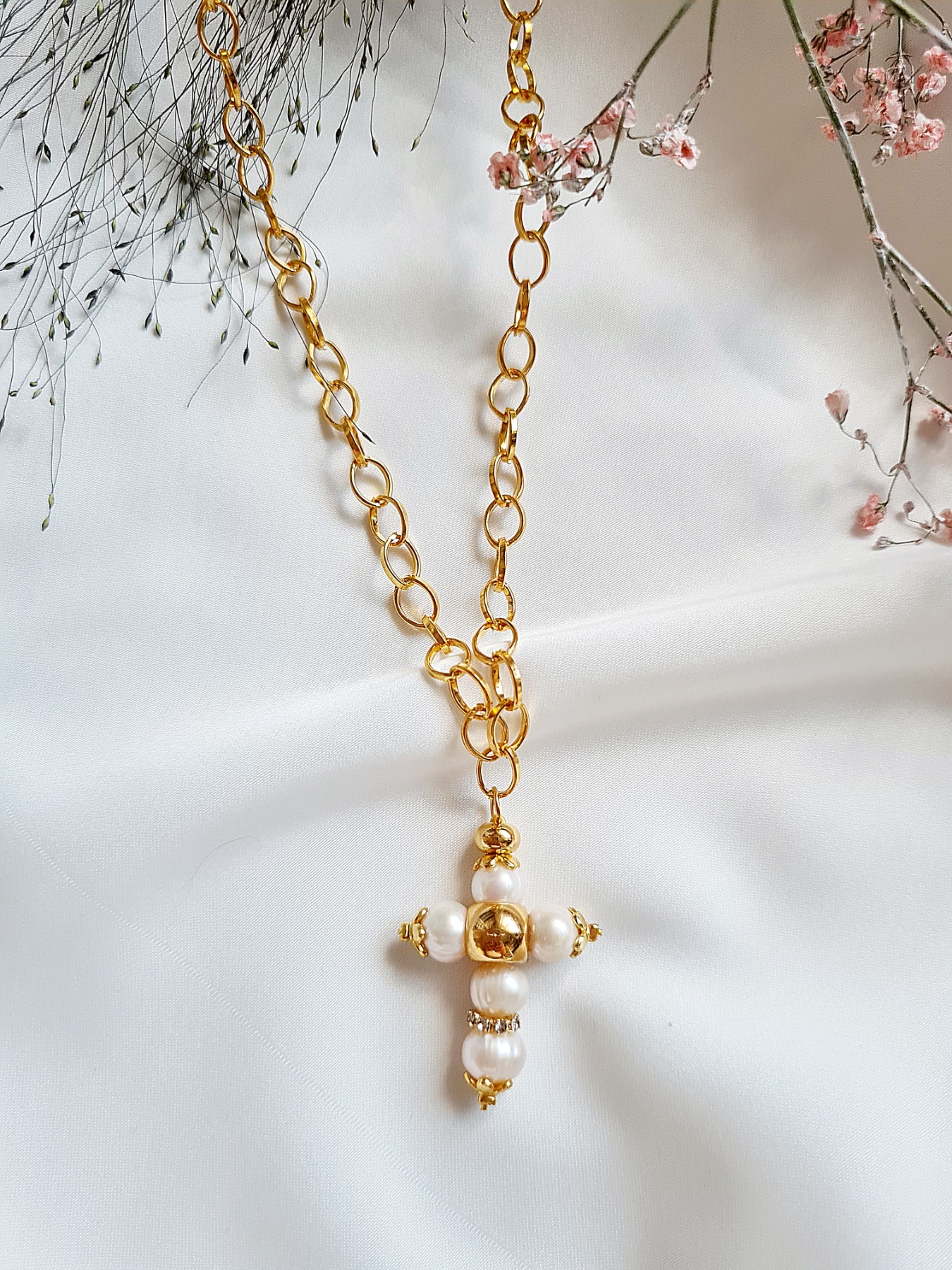 Vergoldete Halskette Edelstahl Kreuz Perlen Halskette 5