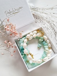 Halskette mit Süßwasser-Zucht-Perlen Aquamarinsplitter 4