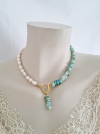 Halskette mit Süßwasser-Zucht-Perlen Aquamarinsplitter 5