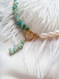 Halskette mit Süßwasser-Zucht-Perlen Aquamarinsplitter 7
