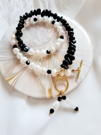 Halskette aus Süßwasser-Zuchtperlen Onyxsplitter edel hochwertige Materialien 4
