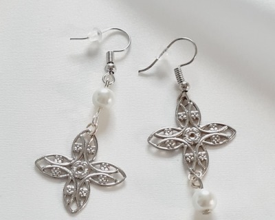 Ohrringe mit Blüte und Perle - Ohrringe Ohrring Silber Ohrringe Perlenohrringe Silberohrringe