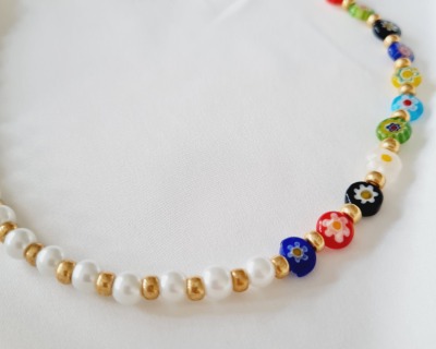 Halskette mit Blumenperlen Halskette mit Glasperlen bunte Millefiori Halskette - Millefiori