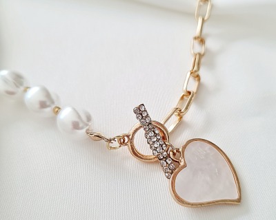 Halskette mit Kunststoffperlen und Gliederkette - Kette Ketten Perlenketten Halskette Damen