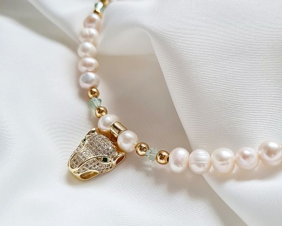 Halskette aus Süßwasserperlen mit Tigerkopf - Kette Ketten Perlenketten Halskette Damen Halskette