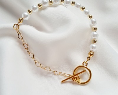 Vergoldetes Armband Glaswachsperlen Herzchengliederkette Damen Schmuck - Brautschmuck